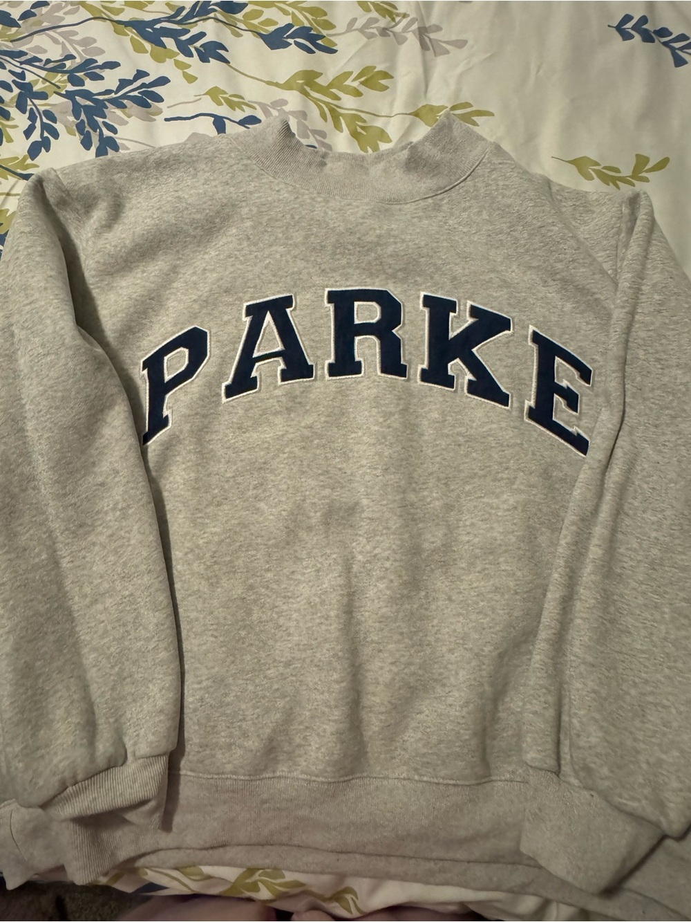 Parke core collection gray with denim lettering fleece material